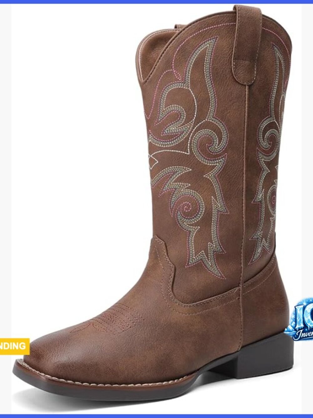 Women's Embroidered Square Toe Mid Calf Western Boots Faux Leather